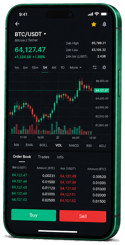 Plataforma de trading Boost 2U Axid para celular — gráfico BTC/USDT ao vivo, livro de ofertas e painel de operações